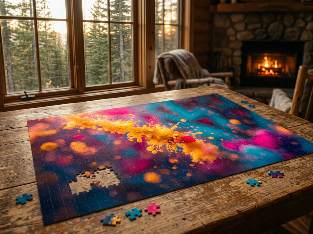 Sunstreak 500-piece puzzle by Scattercrate — a streak of molten gold cutting through magenta and teal ink