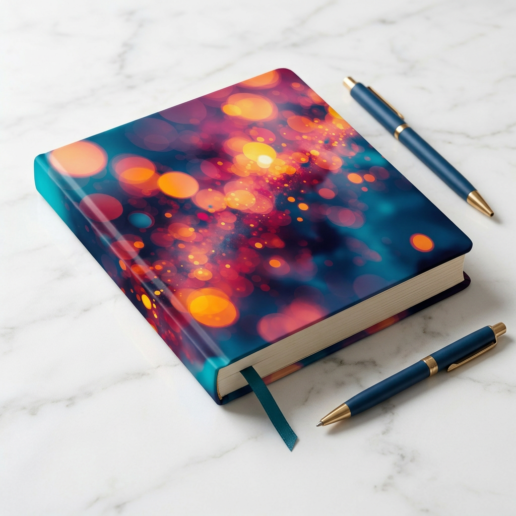 Driftspark hardcover journal by Scattercrate — amber and rose-gold bokeh drifting through teal haze