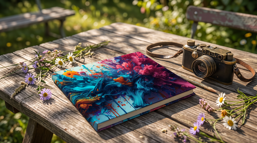 Marigoldtide hardcover journal by Scattercrate — turquoise ink tide with real marigold and dahlia blooms, on a garden table with fresh flowers