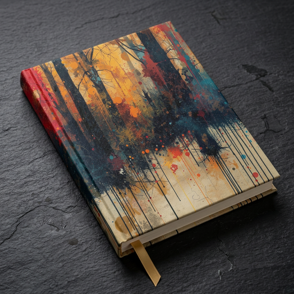 WILDSTAIN splatter forest hardcover art journal by Scattercrate — lifestyle mockup joyful multicolor paint