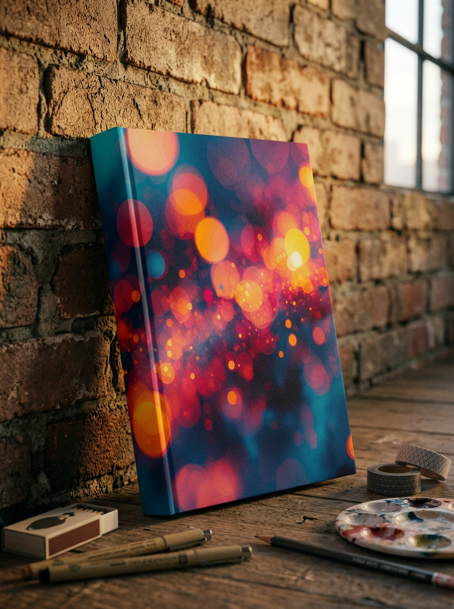 Driftspark canvas print by Scattercrate — amber and rose-gold bokeh drifting through teal haze
