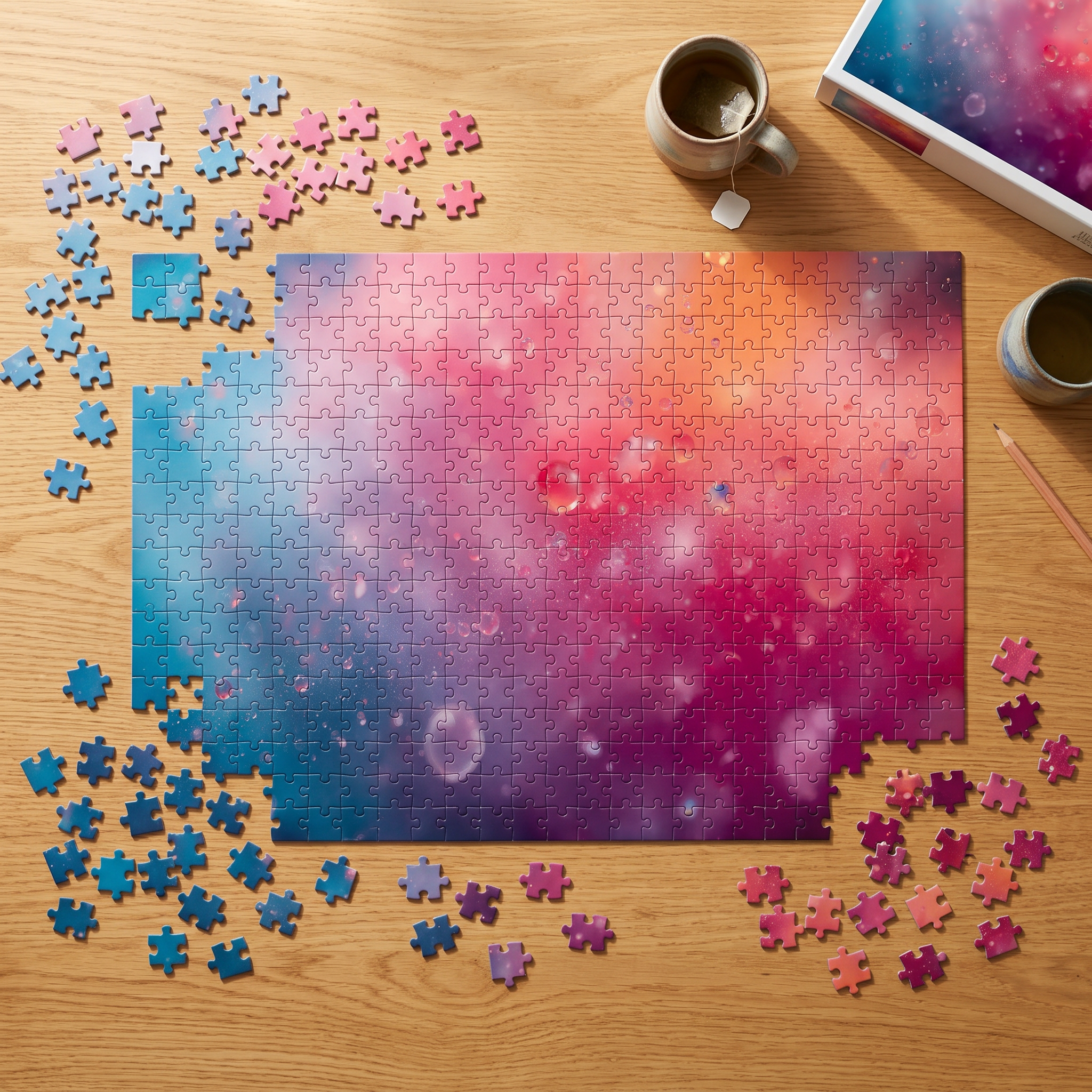 MISTBLOOM 1000-piece puzzle by Scattercrate — soft teal-to-magenta misty bloom