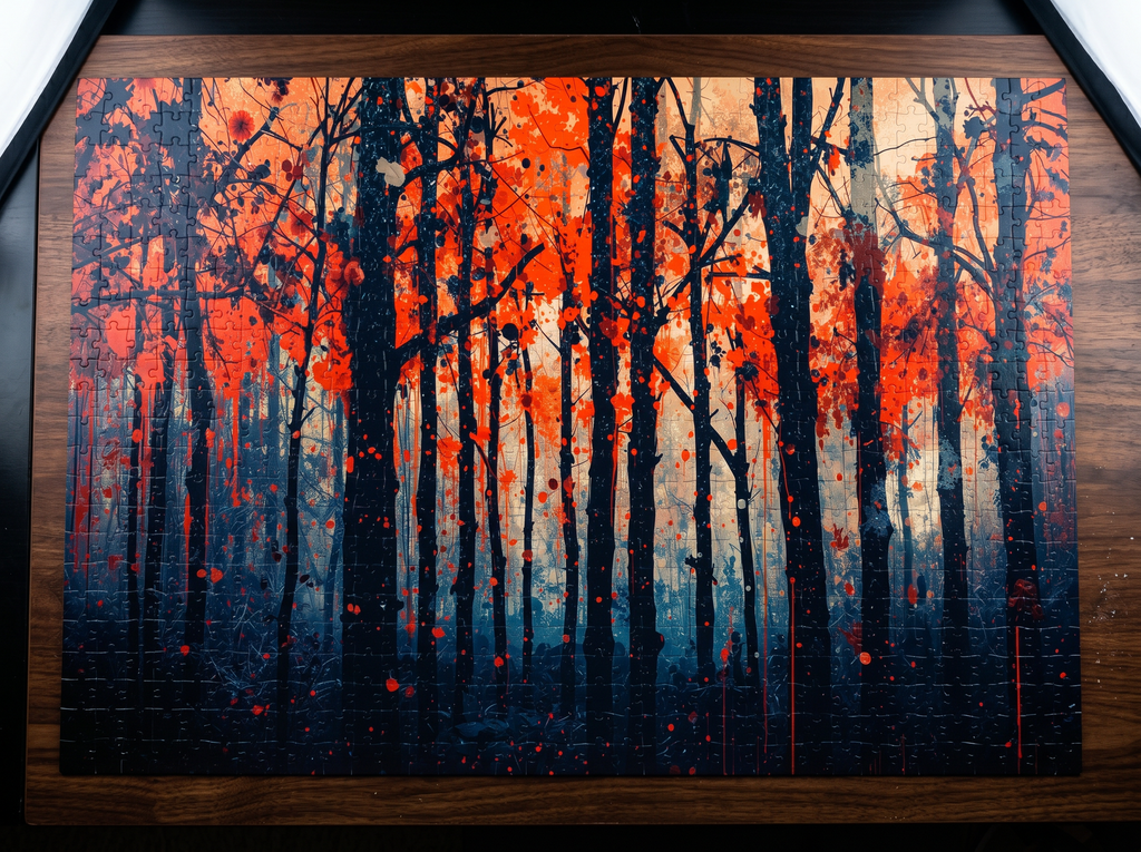 EMBERLINE 500-piece burning forest art puzzle by Scattercrate — ember-orange moody forest jigsaw gift