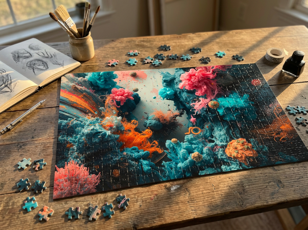 Tidebloom 500-piece puzzle by Scattercrate — teal ink blooming into coral-reef clusters with pink florets