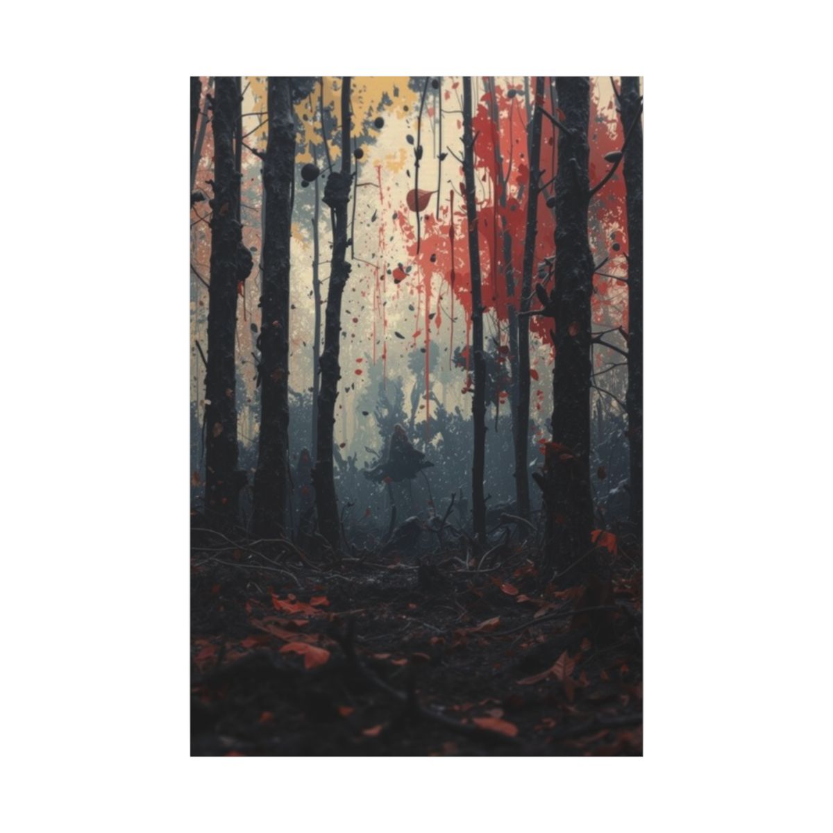 HUSHWOOD abstract ink-forest framed canvas wall art by Scattercrate — hushed moody forest decor