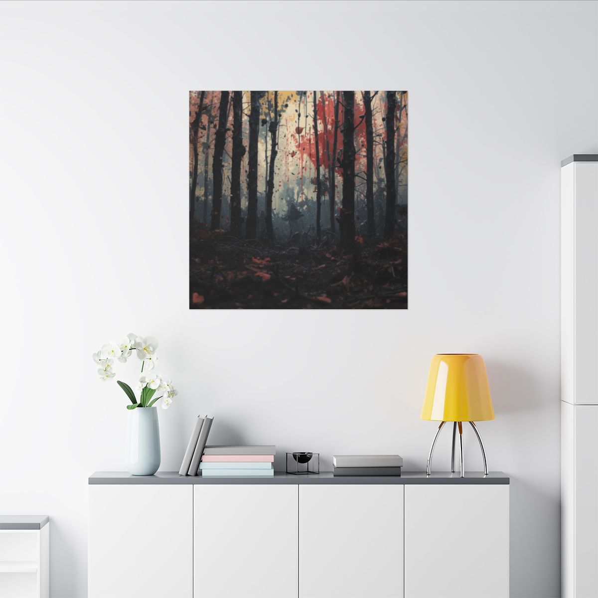 HUSHWOOD abstract ink-forest framed canvas wall art by Scattercrate — hushed moody forest decor
