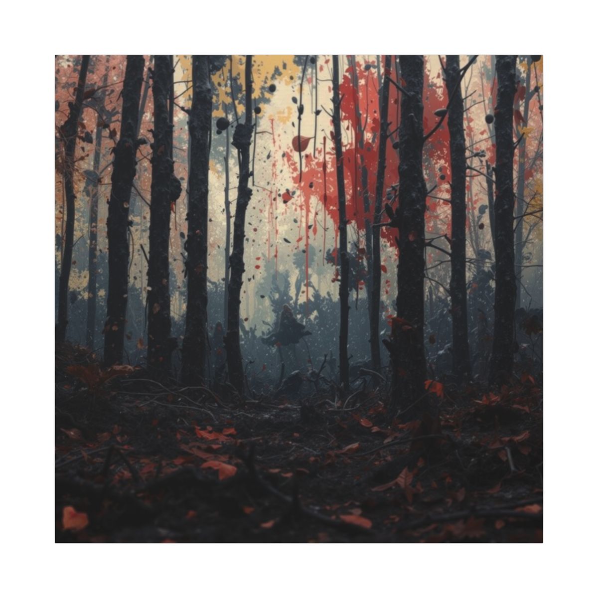 HUSHWOOD abstract ink-forest framed canvas wall art by Scattercrate — hushed moody forest decor