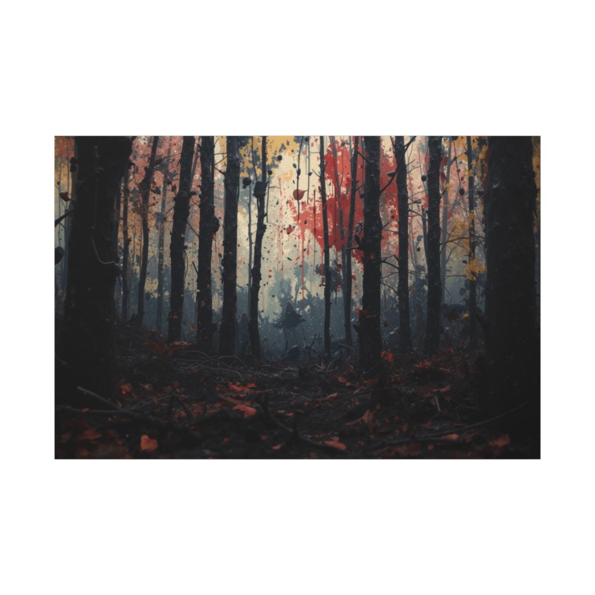 HUSHWOOD abstract ink-forest framed canvas wall art by Scattercrate — hushed moody forest decor