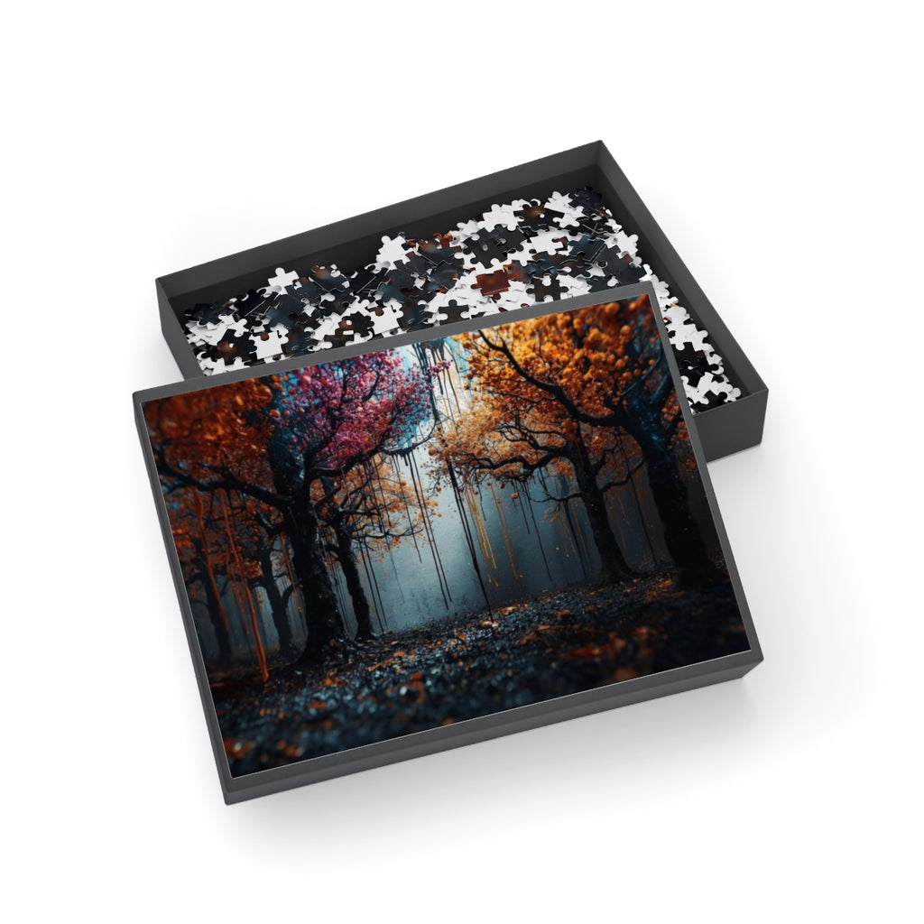 Obsidian Weald 500-piece ink-forest puzzle by Scattercrate — dark obsidian forest art jigsaw gift