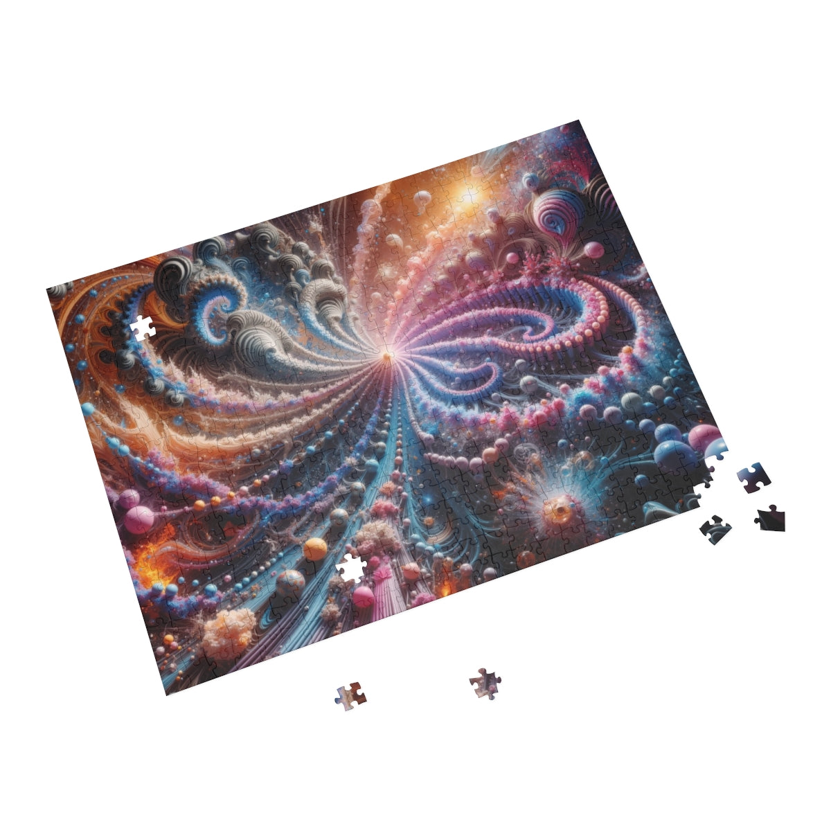 PULSAR radiant fractal burst jigsaw puzzle by Scattercrate — amber and blue-violet spirals exploding from a point of light