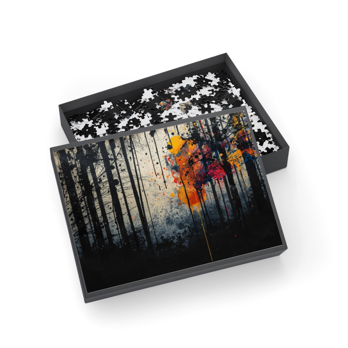 Veil of Resin 500-piece ink-forest puzzle by Scattercrate — moody dark forest art jigsaw gift