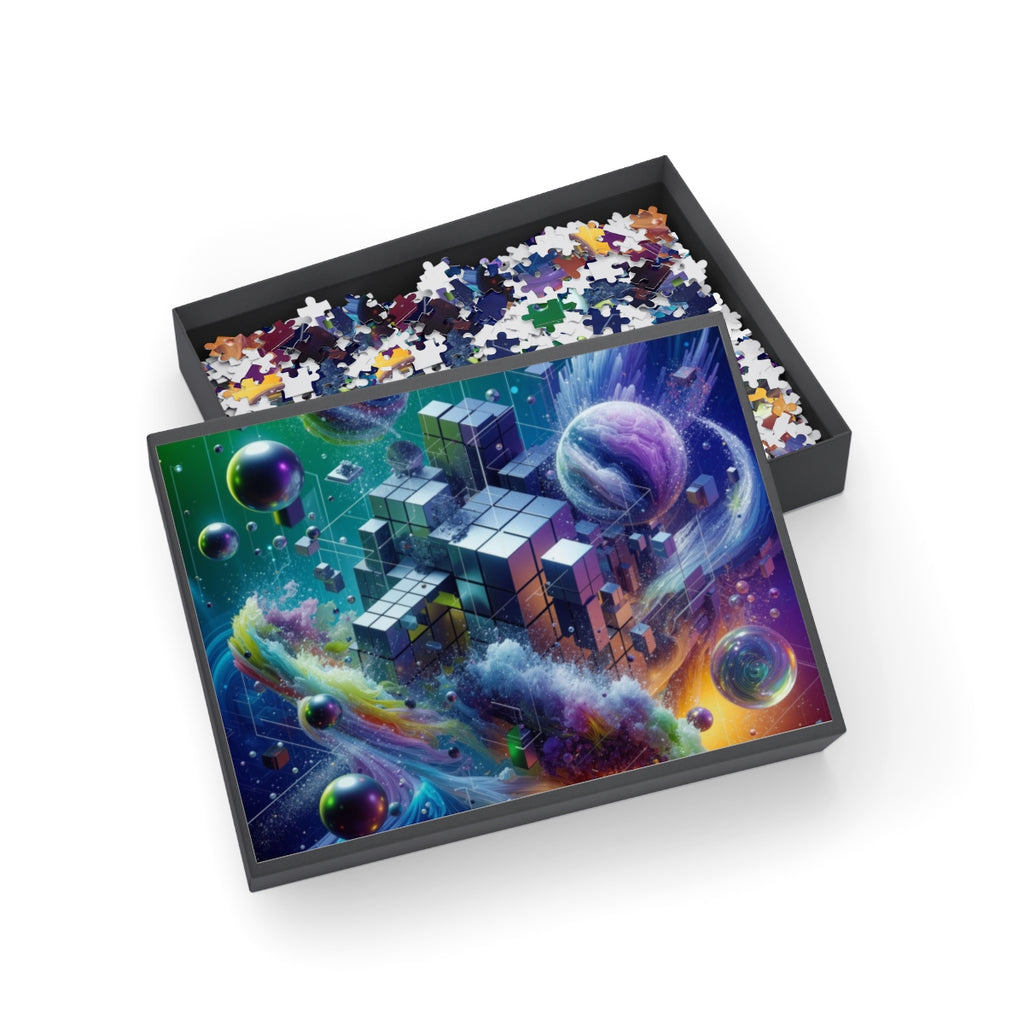VOXEL chrome geometric cosmos jigsaw puzzle by Scattercrate — mirror cubes suspended in a green-violet nebula