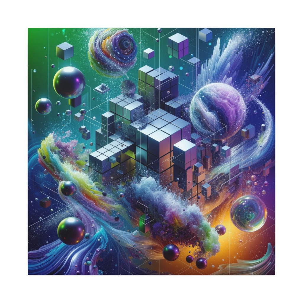 VOXEL chrome geometric cosmos canvas print by Scattercrate — mirror cubes suspended in a green-violet nebula