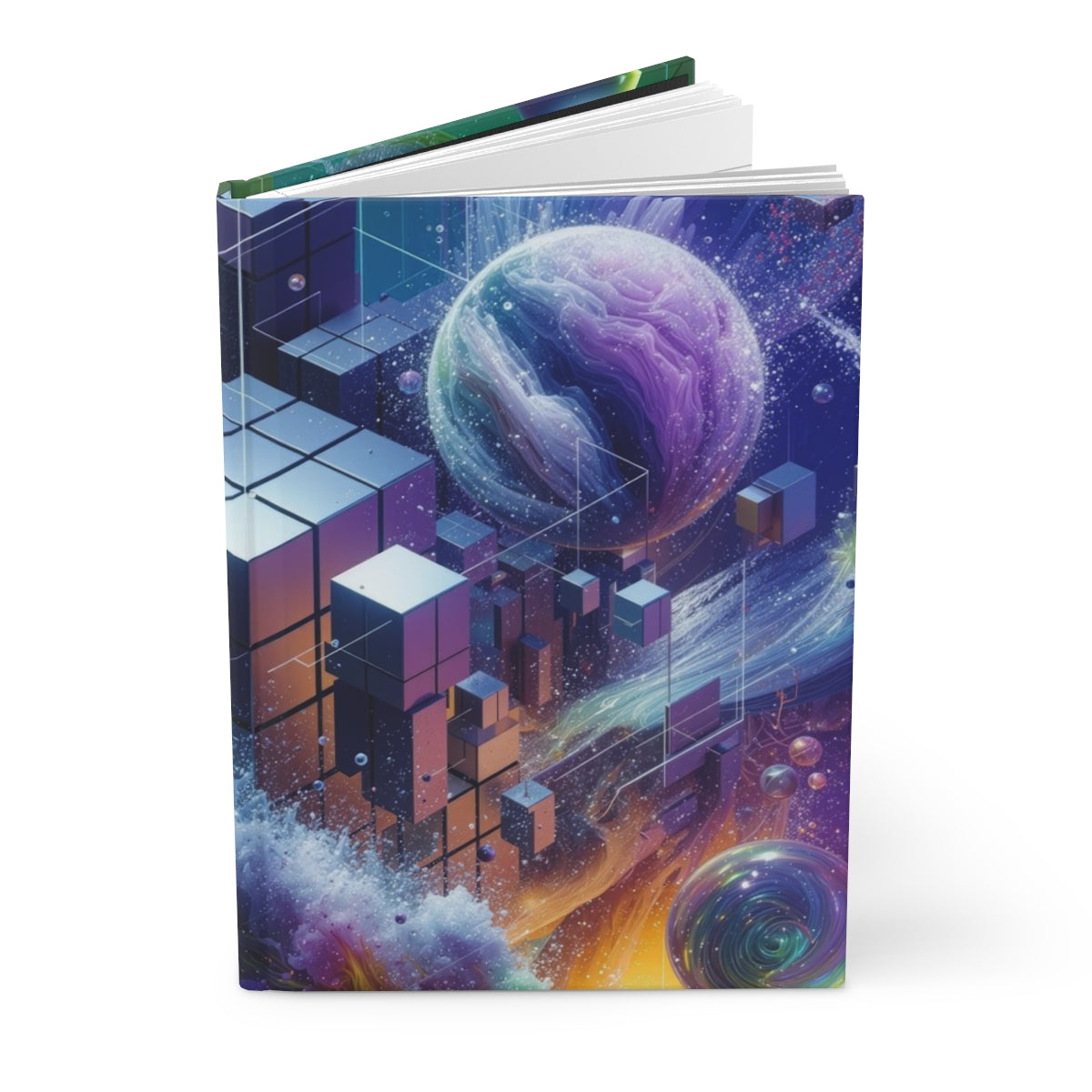 VOXEL chrome geometric cosmos hardcover journal by Scattercrate — mirror cubes suspended in a green-violet nebula