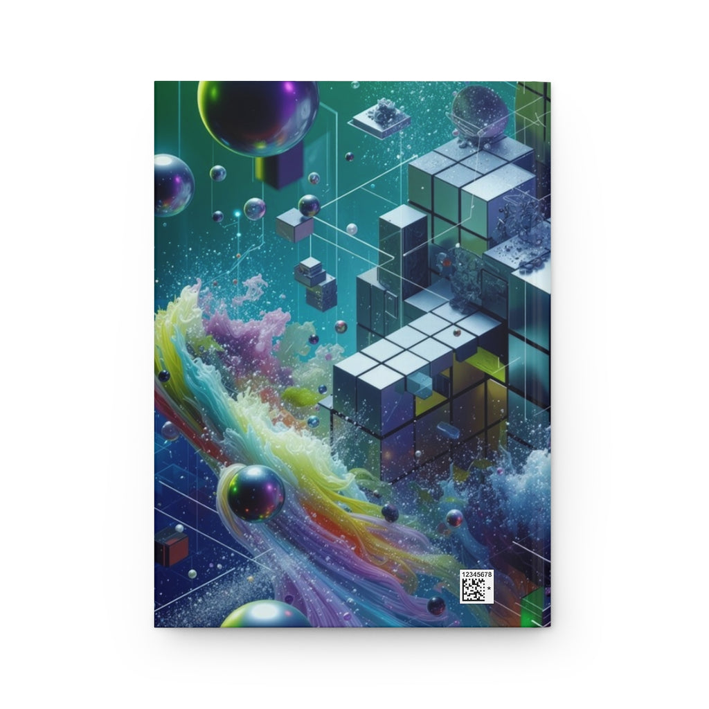 VOXEL chrome geometric cosmos hardcover journal by Scattercrate — mirror cubes suspended in a green-violet nebula