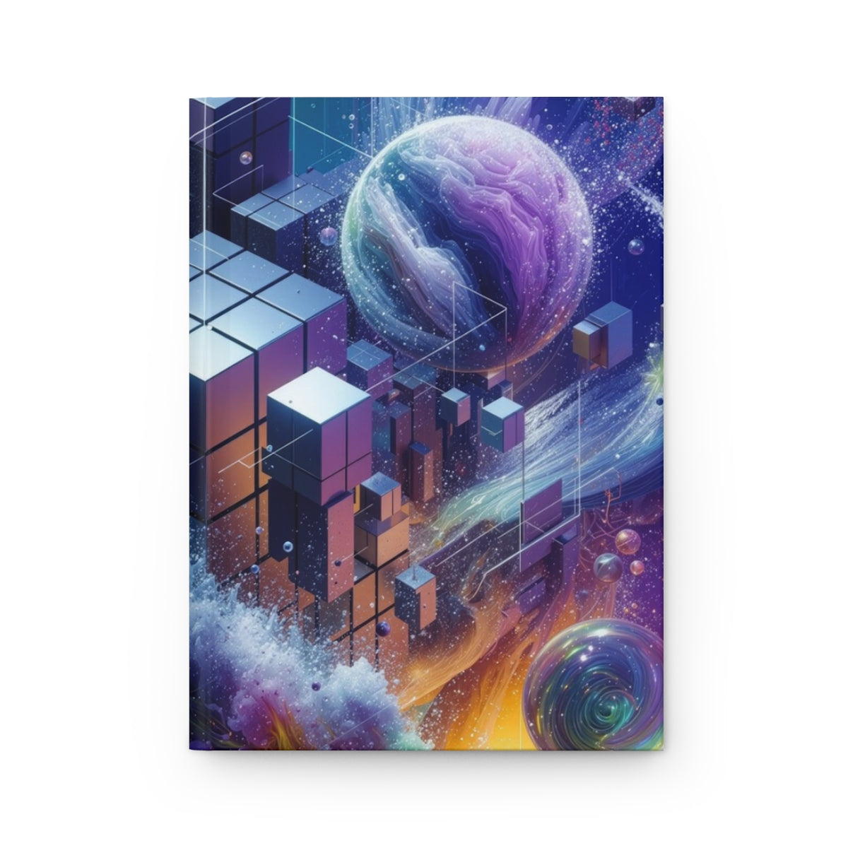 VOXEL chrome geometric cosmos hardcover journal by Scattercrate — mirror cubes suspended in a green-violet nebula